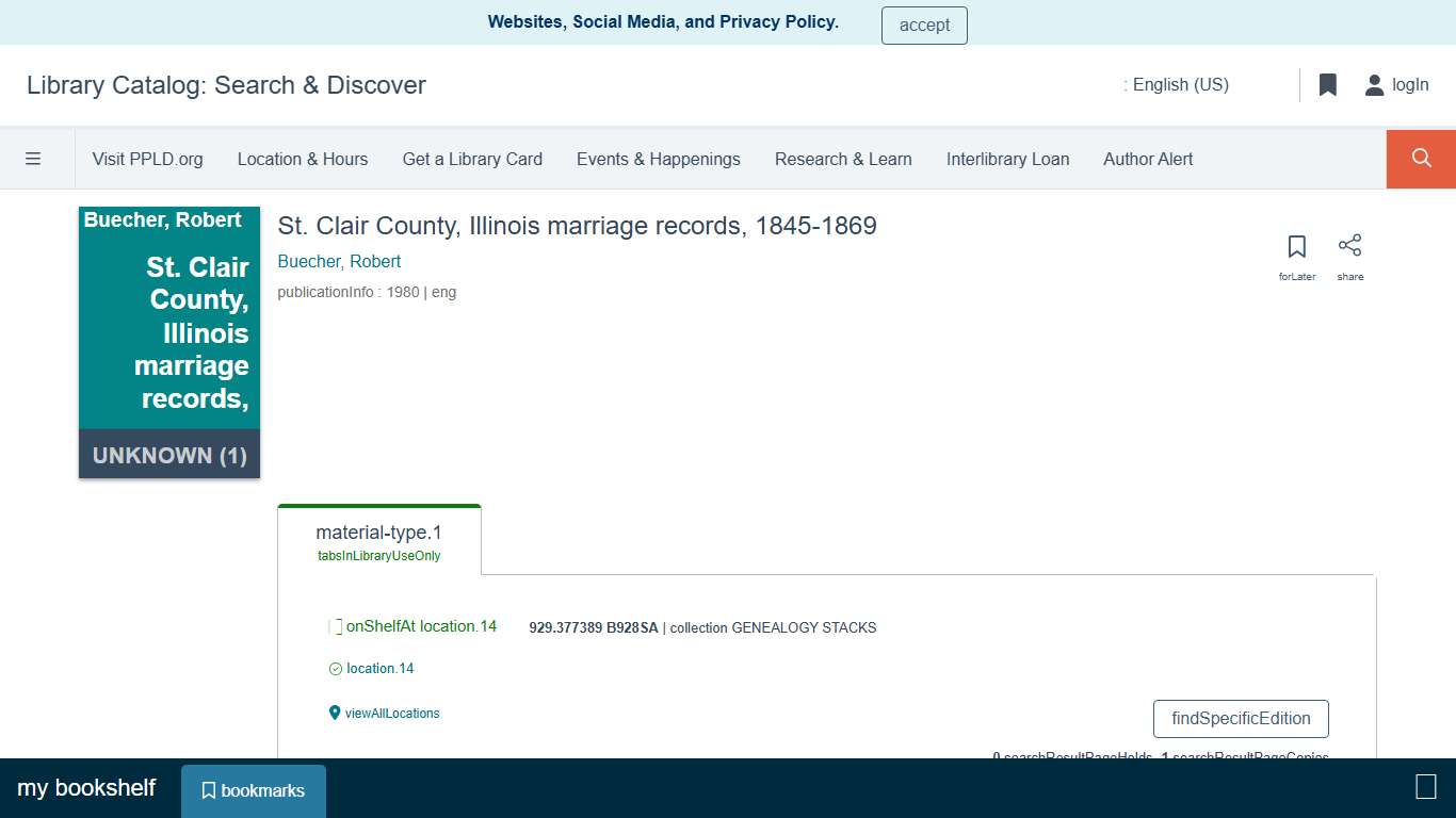 St. Clair County, Illinois marriage records, 1845-1869, Buecher, Robert Library Catalog: Search & Discover